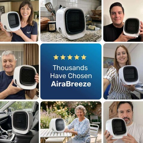 AiraBreeze portable air cooler on a desk